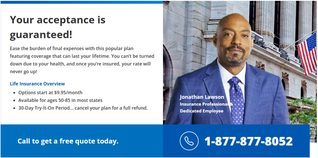 Jonathan Lawson promoting Colonial Penn life insurance with guaranteed acceptance offer