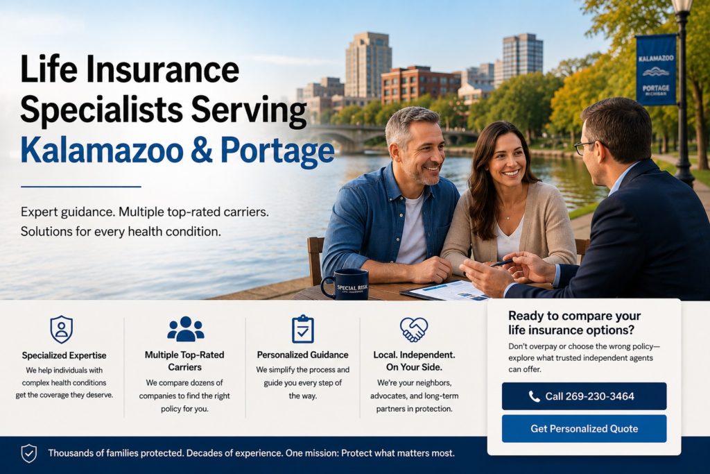 Agent and couple discussing life insurance in Kalamazoo and Portage, MI area