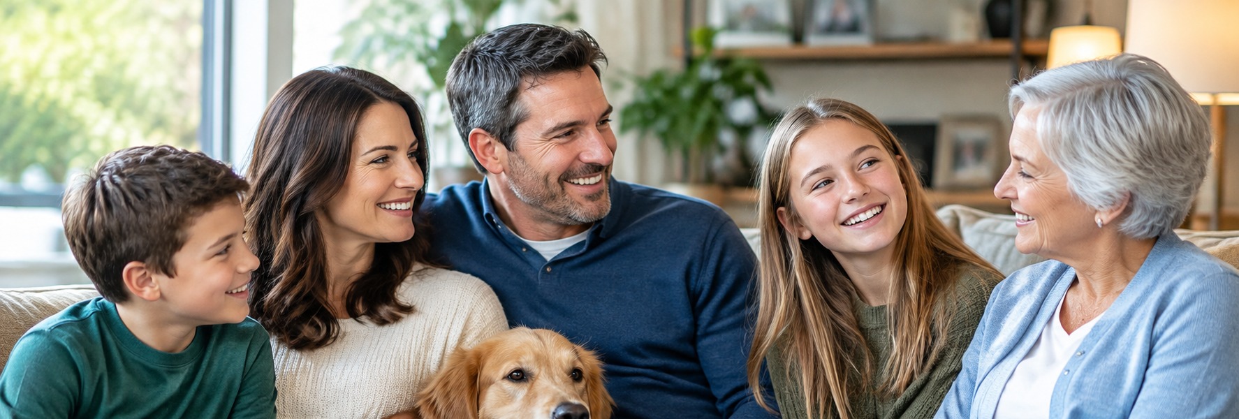 Family across generations relaxing together at home with their dog